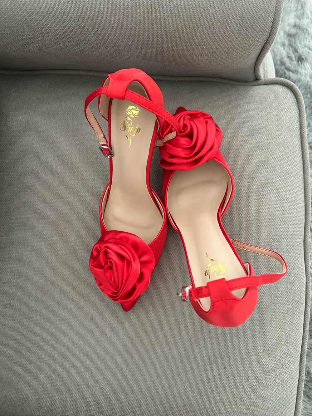 Selby Red Satin Pointed-Toe Heels with Rose Accent